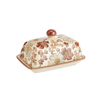 Visuel 1 du produit Beurrier en grès beige à fleur pourpre Kiyo - 16 x 11 cm