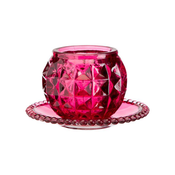 Visuel 1 du produit Photophore rond en verre fuchsia sur coupelle assortie - 12 x 8 cm