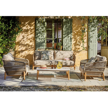 Visuel 1 du produit Salon de jardin en aluminium et résine coloris beige Barbara - 4 éléments (canapé, table basse et deux fauteuils)