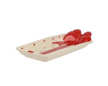 Visuel 1 du produit Plat à cake en dolomite rouge et blanc avec nœud rouge - 31,7 x 13,5 cm