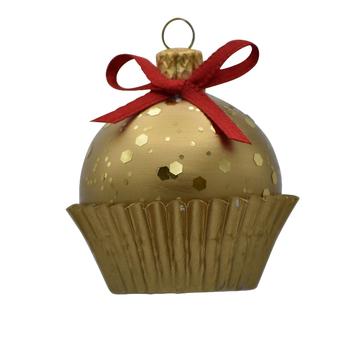Visuel 1 du produit Suspension boule dans cupcake en verre or et nœud rouge - Ø 4 cm