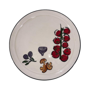 Visuel 1 du produit Plat rond à pizza en grès blanc à décor légumes Agathe - Ø 31,5 cm