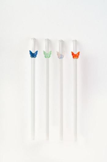 Visuel 1 du produit Coffret de 4 pailles en verre transparent avec papillon - Ø 0,8 x H 17 cm