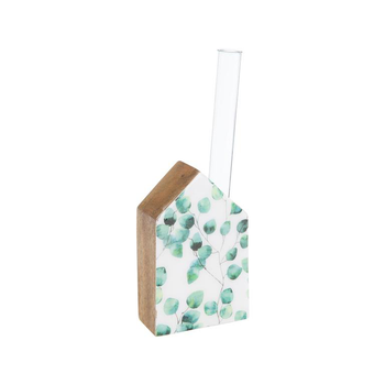 Visuel 1 du produit Soliflore avec maison en bois à décor de feuillage vert et blanc - 14 x 13 x 8 cm