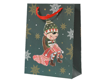 Visuel 1 du produit Sac cadeau en papier métallisé vert décor elfe petit modèle - 8 x 18 x 24 cm