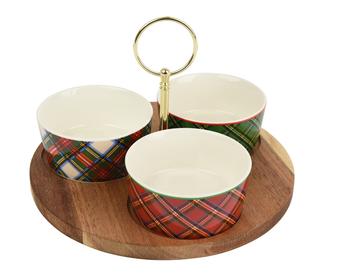 Visuel 1 du produit Ensemble apéro en bois et grès rouge et vert Tartan - Ø 20,3 cm