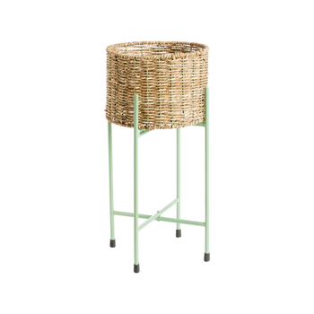 Visuel 1 du produit Porte-plante rond en osier avec socle pliant en métal vert petit modèle - Ø 26 x H 50 cm