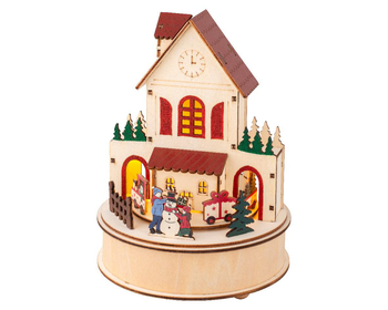 Visuel 1 du produit Village animé rond en contreplaqué avec école et train lumineux 3 LED blanc chaud - Ø 15 x H 20,3 cm