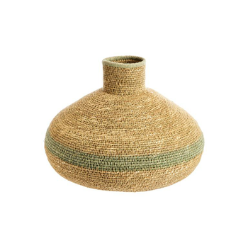 Visuel 1 du produit Vase boule en osier tressé naturel avec bande verte pour fleurs séchées - Ø 25 x H 19 cm