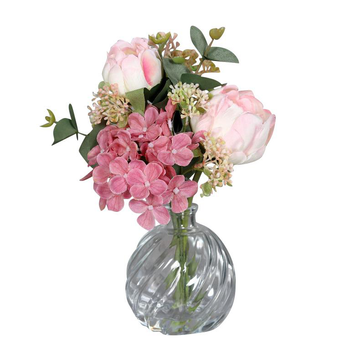 Visuel 1 du produit Bouquet de fleurs artificielles rose avec vase en verre - 24 cm