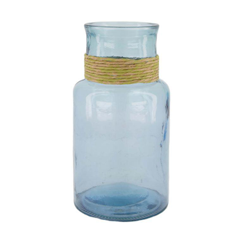 Visuel 1 du produit Vase en verre recyclé bleu et raphia - Ø 15 x 28 cm
