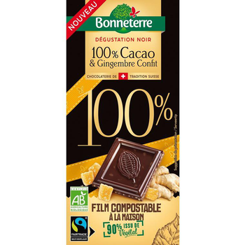 Visuel 1 du produit Tablette de chocolat 100 % cacao et gingembre confit bio Bonneterre - 90 g