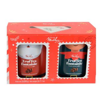 Visuel 1 du produit Coffret de truffes nature et truffes au caramel bio en boîtes métal Mathez - 400 g