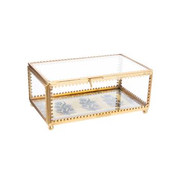 Visuel 1 du produit Boîte en laiton or et verre transparent à décor fleuri bleu - 18 x 11 x 7,5 cm