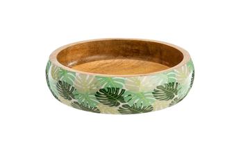 Visuel 1 du produit Saladier plat en bois de manguier extérieur émaillé décor monstera vert - Ø 25 x H 7 cm