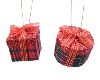 Visuel 1 du produit Boîte cadeau motif écossais rouge et vert avec nœud rouge - 4,2 x 4,2 x 3,7 cm