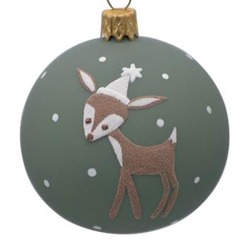 Visuel 1 du produit Boule de Noël en verre vert mat avec motif faon brun - Ø 7 cm