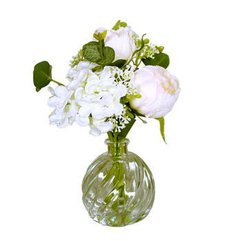 Visuel 1 du produit Bouquet de fleurs artificielles crème avec vase en verre - 24 cm