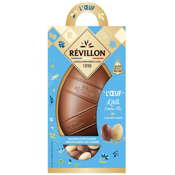 Visuel 1 du produit Œuf moulage chocolat au lait et ses petits œufs croustillants lait & blanc Révillon - 250 g