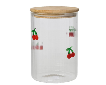 Visuel 1 du produit Bocal en verre transparent avec motif cerises rouges et couvercle en bois - Ø 9,5 x H 13,7 cm