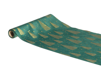 Visuel 1 du produit Chemin de table vert épicéa en velours à motifs de sapins or - 28 x 300 cm