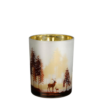 Visuel 1 du produit Porte bougie en verre or avec paysage de forêt et cerf - Ø 10 x H 12,5 cm
