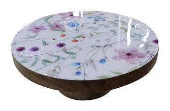 Visuel 1 du produit Assiette sur pied en bois de manguier émaillé blanc à décor cerisier rose, bleu et vert)- 25 x 25 x 10 cm
