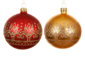 Visuel 1 du produit Boule en verre mate colorée avec décor baroque or - Ø 8 cm