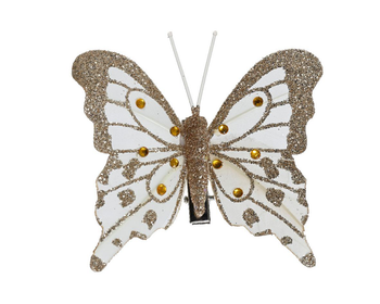 Visuel 1 du produit Papillon organdi blanc et or sur clip avec paillettes - 8 x 6 cm