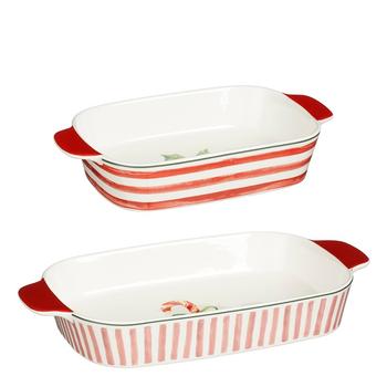 Visuel 1 du produit Ensemble de 2 plats de cuisson en céramique à rayures rose et rouge Noël - 33 x 19 cm