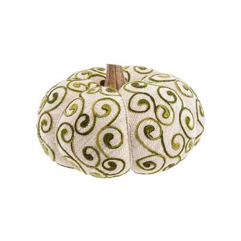 Visuel 1 du produit Citrouille décorative en bois et tissu blanc à volutes vertes - Ø 20 x H 15 cm