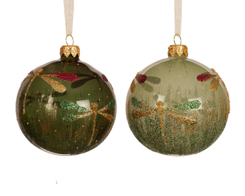 Visuel 1 du produit Boule en verre brillante transparente vert pin et matcha avec décor libellule - Ø 8 cm