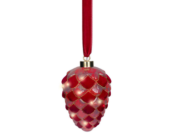 Visuel 1 du produit Pomme de pin en verre rouge à micro LED blanc chaud  - Ø 15 x H 21,5 cm