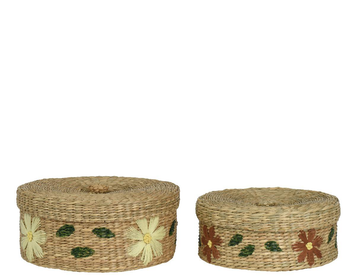 Visuel 1 du produit Boîte tressée en algue avec fleurs brodées jaunes grand modèle - Ø 27 x H 11 cm