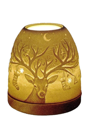 Visuel 1 du produit Photophore mini igloo en céramique blanche et socle bois motif cerf - Ø 9 x H 11 cm