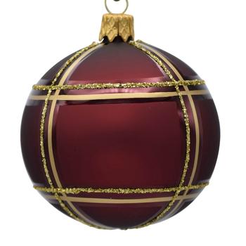 Visuel 1 du produit Boule de Noël en verre bordeaux avec motif carreaux or - Ø 7 cm