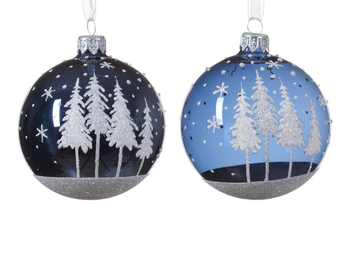 Visuel 1 du produit Boule en verre brillante bleu nuit avec décor sapins - Ø 8 cm
