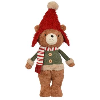 Visuel 1 du produit Peluche décorative de Noël ours debout avec bonnet en polyester coloris marron - petit modèle L 17 x L 11 x H 38 cm
