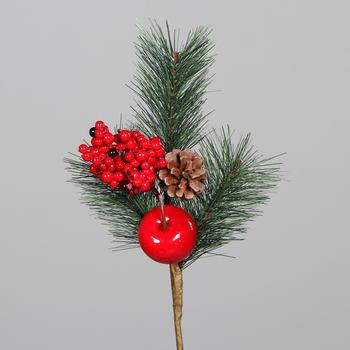 Visuel 1 du produit Pique de pin artificiel vert avec cônes, pomme, et baies rouges - 35 cm