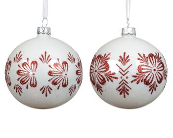 Visuel 1 du produit Boule de Noël en verre blanc avec fleurs rouges - Ø 8 cm