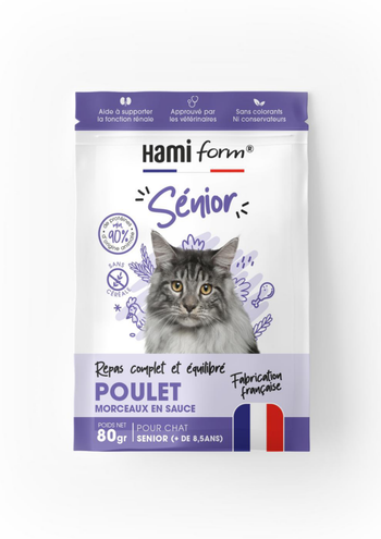 Visuel 1 du produit Alimentation complète pour chat senior de + 8,5 ans poulet HamiForm - pochon de 80 g