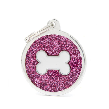 Visuel 1 du produit Médaille à graver pour chien coloris rose pailleté grand cercle avec un os blanc Myfamily Shine