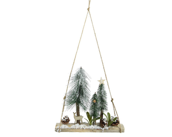 Visuel 1 du produit Paysage avec sapin et animaux sur socle en bois de pin à suspendre - 12 x 30 x 30 cm