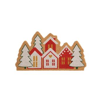 Visuel 1 du produit Paillasson en fibre de coco naturel avec découpe village d’hiver rouge et blanc - 72 x 40 cm