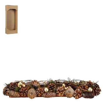 Visuel 1 du produit Photophore sapin et pommes de pin dorée Brant - 54 x 16,5 x 10 cm
