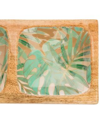Visuel 1 du produit Plateau en bois de manguier à 3 inserts émaillé décor monstera vert - 38 x 12 x 3 cm