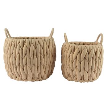Visuel 1 du produit Panier rond tricoté à anse en polyester sable petit modèle - Ø 21 x H 22 cm