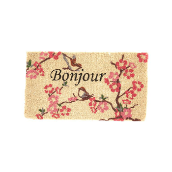 Visuel 1 du produit Paillasson en fibre de coco Bonjour avec branche de cerisier rose - 72 x 40 cm