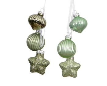 Visuel 1 du produit Grappe de décorations en verre mat vert avec forme oignon, boule et étoile - 3,5 x 4 x 11,5 cm