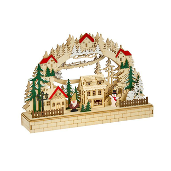 Visuel 1 du produit Village de Noël alpin en bois naturel et rouge 12 LED sur piles - 27 x 10 x 40,5 cm